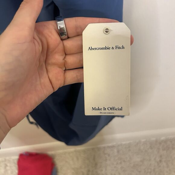 Abercrombie & Fitch Asymmetrical Cinched Midi Dress Medium Blue NWT - Stain - Picture 4 of 9